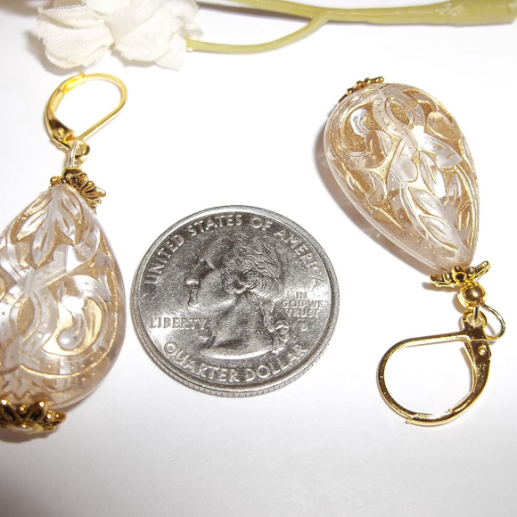 Gold and Clear Statement Earrings Teardrop 4074 - Picture 4 of 7